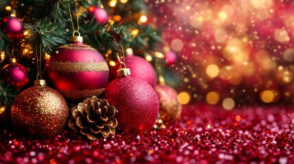Festive Christmas Ornaments and Pinecone on Sparkling Red Background