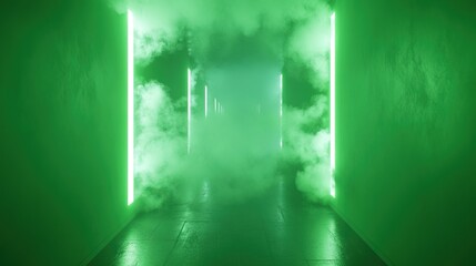 Futuristic Corridor Filled With Smoke and Illuminated Green Lights