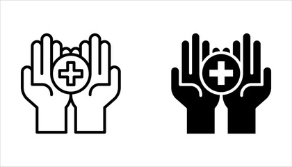 Hand and medical cross line vector icon set. Health care symbol on white background