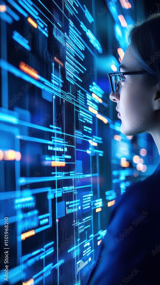 Poster a woman is looking at a computer screen with a lot of lines of code