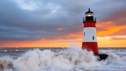 A striking red-and-white lighthouse towers against a dramatic seascape with foamy, crashing waves illuminated by a glowing sunset, symbolizing steadfastness and guidance. © Pinklife