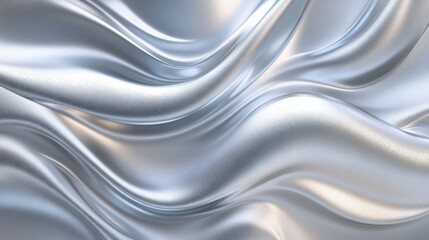 A close-up of smooth, shimmering silver fabric showcasing elegant folds and curves, perfect for backgrounds or design projects related to fashion, luxury, or textiles