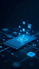 background with icons representing financial apps, mobile payments, and tech innovations, blue or black color, cutting-edge technology  