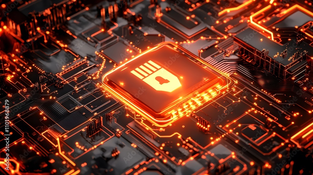 Poster a glowing microchip on a circuit board, symbolizing advanced technology and computing.