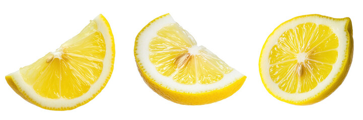Fresh lemon slices arranged neatly, showcasing vibrant yellow color and refreshing texture. transparent background.