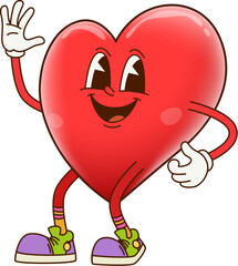 Groovy cartoon heart character waving Hi Hello with happy smile, vector cute love emoji. Valentine day, love and wedding groovy heart character with funny face greeting Hi for romantic cartoon