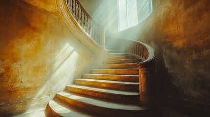 Sunlit spiral staircase in vintage building with worn steps and ornate railings