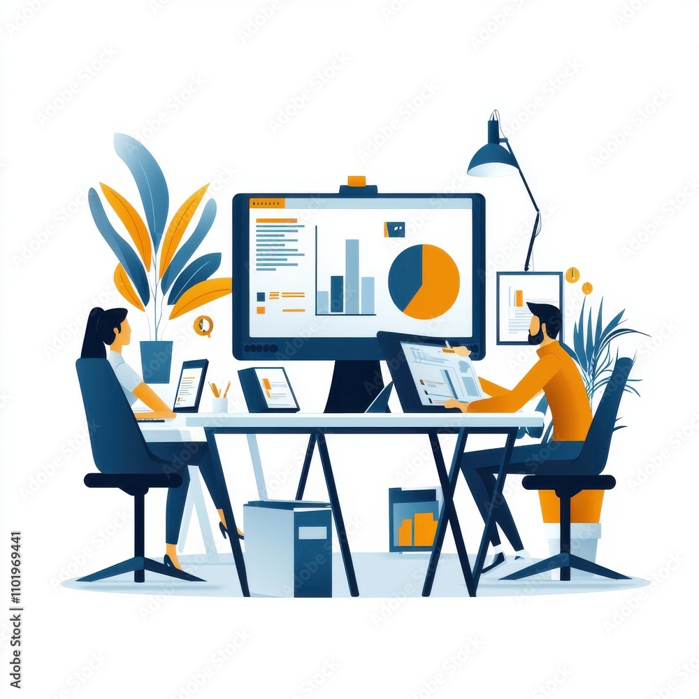 Poster two people are sitting at a desk with a computer monitor in front of them