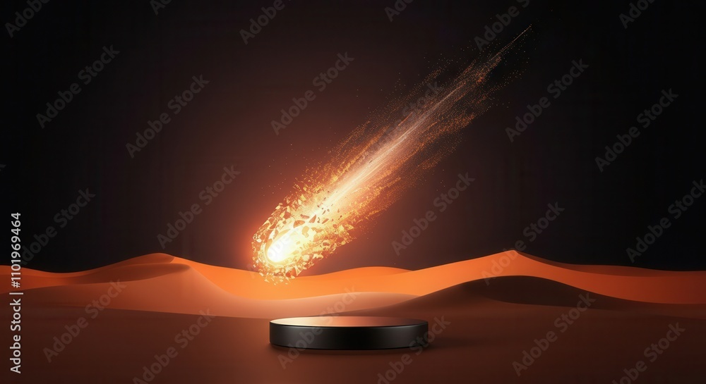 Wall mural fiery comet descending on metallic surface with warm background
