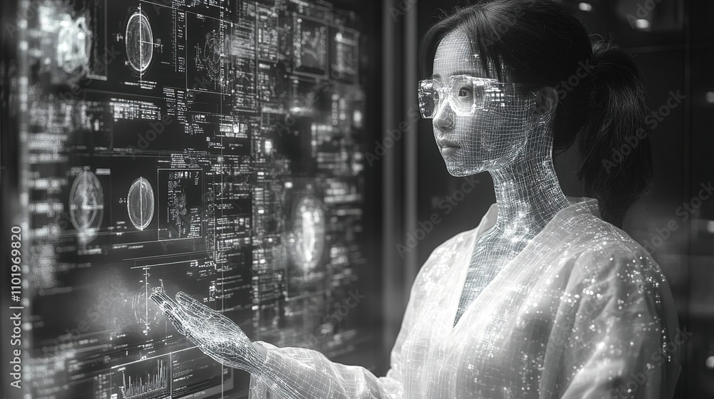 Aufkleber digital humanoid interacts with holographic displays in a futuristic lab environment showcasing adva