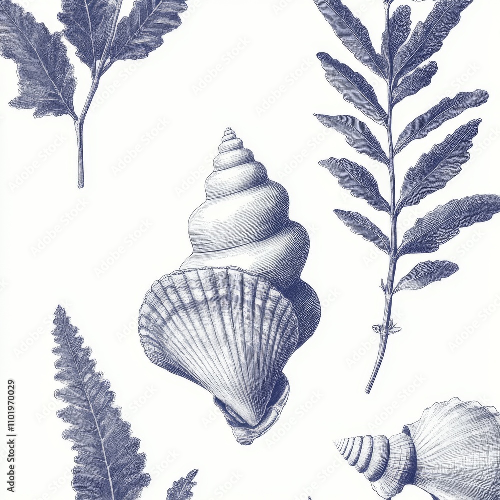 Poster a diverse array of shells and corals. uniform pattern. sea-themed aesthetic. underwater fauna. luxur