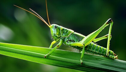 Fototapeta premium A close-up of a bright green grasshopper perched on a blade of grass