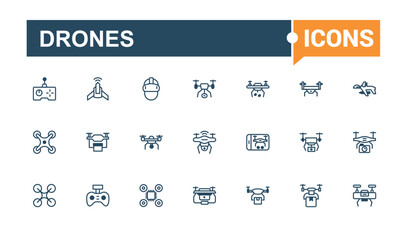 Drones icons in linear style. Featuring aviation, copter, vehicle, remote, drones, fly, flight and more. Minimalist thin linear icon. Solid line editable vector illustration.