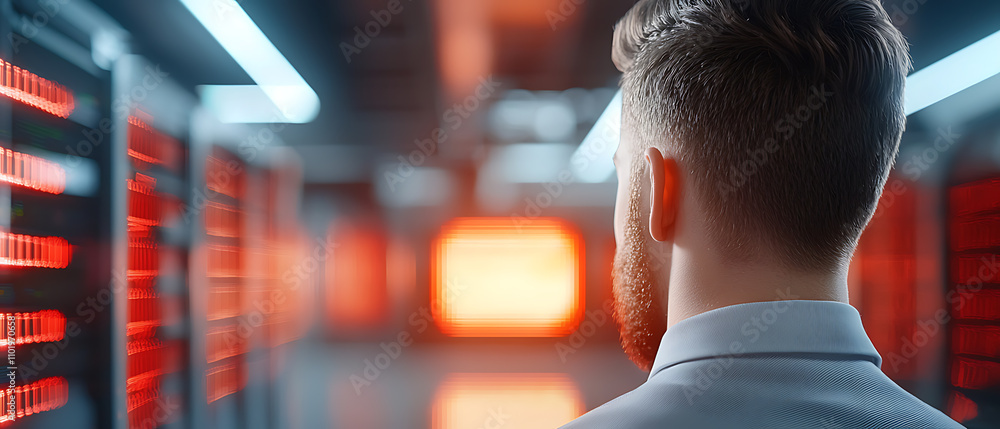 Poster cybersecurity breach alert in data center ai hologram display neon-lit environment technology viewpo