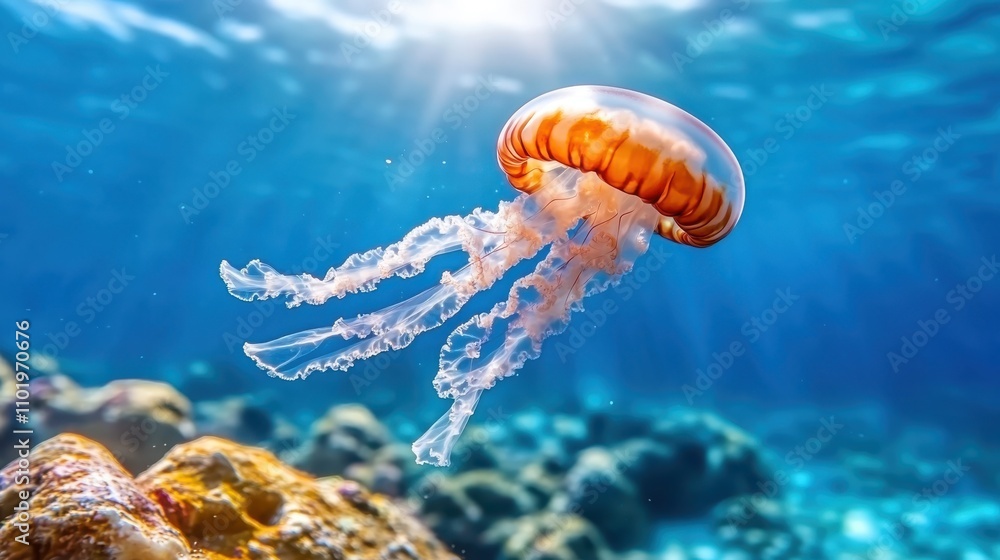 Poster a striking image capturing an orange jellyfish gracefully floating through the crystal clear waters 
