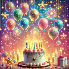 Happy birthday magic background with cake and balloons