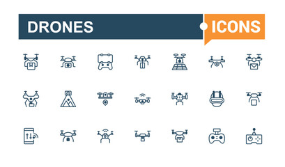 Drones icons in linear style. Featuring aviation, copter, vehicle, remote, drones, fly, flight and more. Minimalist thin linear icon. Solid line editable vector illustration.