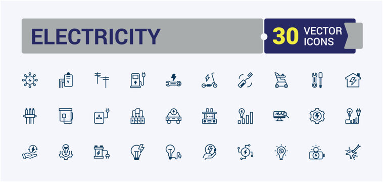 Set of Electricity line icons. Contains such icons as ecology, water, electromagnet, plant, voltage, bike, energy, auto. Minimalistic web and UI icons. Vector outline and solid icons collection.