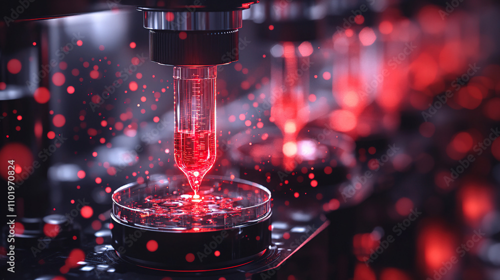 Aufkleber close-up of red liquid being dispensed in a laboratory with a microscope setup. generative ai