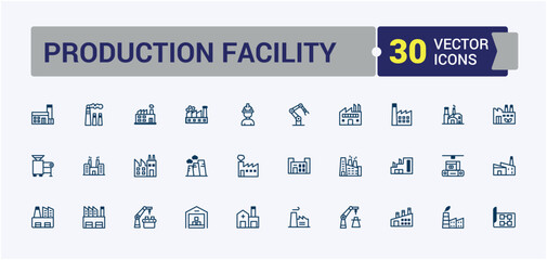 Production Facility icon collection. Includes icons for industry, machinery, production, manufacturing, productivity, industrial and more. Minimal linear icons. Solid line editable stroke.