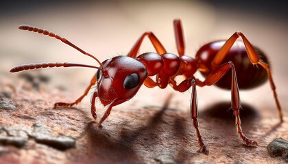 A close-up of a red ant on a rough surface