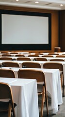 Empty Conference Room with White Tablecloths and Wooden Chairs