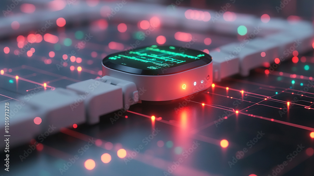 Poster innovative tech device on a futuristic circuit board with glowing lights. generative ai