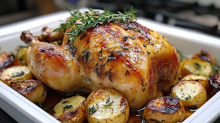 Festive roasted chicken garnished with fresh herbs and festive