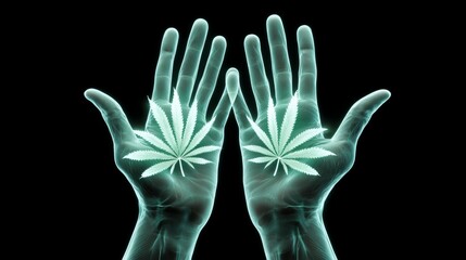 Obraz premium health cannabis healing concept, A digital illustration of two hands displaying stylized cannabis leaves, symbolizing growth, nature, and the connection to cannabis culture.