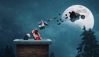Santa Claus delivering gifts on a flying motorbike