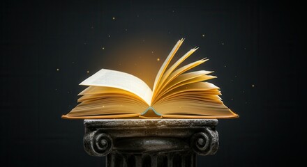 Enchanted open book on pedestal with floating golden sparkles