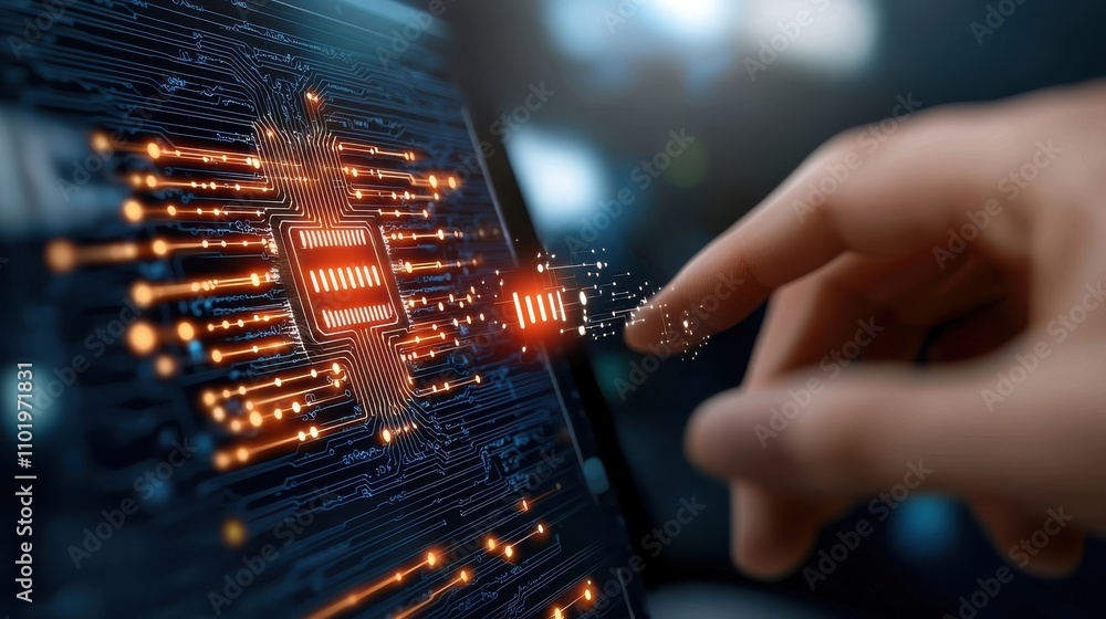 Poster close up view of a complex digital circuit board with illuminated electronic components microchips a