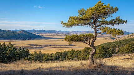 Obraz premium A scenic view of a valley with a solitary tree against a backdrop of mountains and sky.