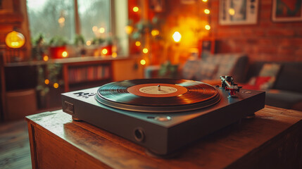 Vintage turntable playing vinyl record in cozy, warmly lit living room setting