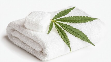 health cannabis healing concept, A rolled white towel with a cannabis leaf placed on top, suggesting themes of relaxation, wellness, and natural remedies.