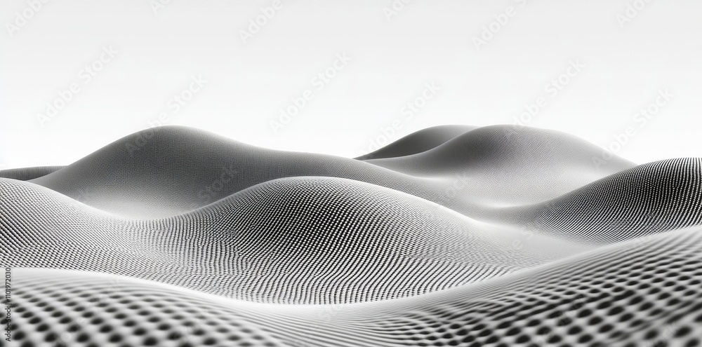 Poster a wave pattern of flowing dots forms a 3d curve with a black gradient, isolated against a white back