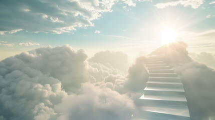 surreale schwebende Treppe, die in die Wolken hinauff&uuml;hrt, jede Stufe leuchtet, fotorealistische Texturen mit sanften Licht- und Nebeleffekten
