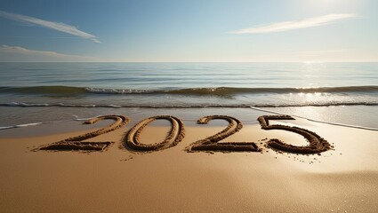 On a calm afternoon, the year 2025 is carved into the sand beach as waves slowly lap over it.-art-scale-2_00x