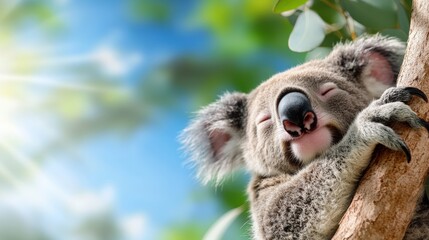 Obraz premium This koala captures a moment of restfulness as it naps on a tree branch, surrounded by vibrant greenery, showcasing an enchanting blend of nature’s tranquility.