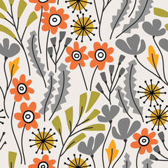 Seamless closed floral pattern with hand drawn wild flowers and herbs