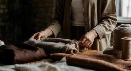 Fototapeta premium Artisan crafting cozy knitted textiles in warm earth tones workshop