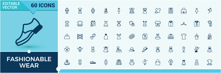 Fashionable Wear icon set. Contains related to handbag, shoe, trousers, pant, man and more. Thin linear style icons. Solid line editable stroke.