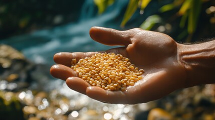 Man hand holding brown glod sticky rice seed