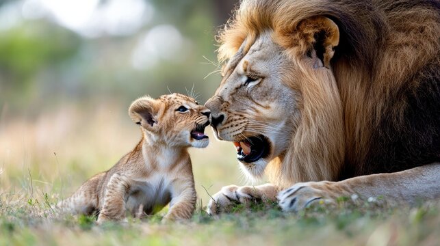A captivating scene of a lion and cub in a tender interaction on a field of grass, highlighting familial affection and the beauty of wildlife in nature.