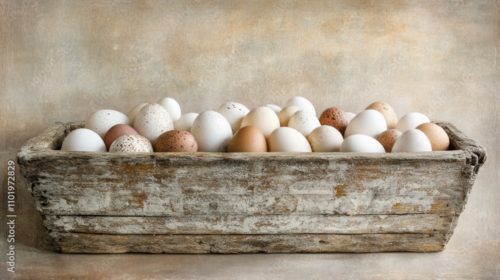 Poster A rustic wooden basket filled with various eggs in different colors and patterns.