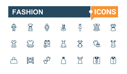 Fashion line web icon set. Includes icons for bathrobe, lingerie, vest, pants, boot, out and more. Set of line pictogram. Solid line editable stroke.