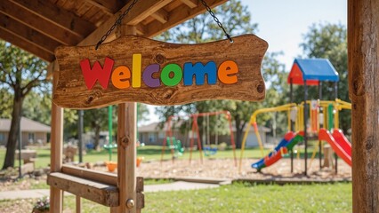 Cheerful Welcome sign at colorful playground entrance