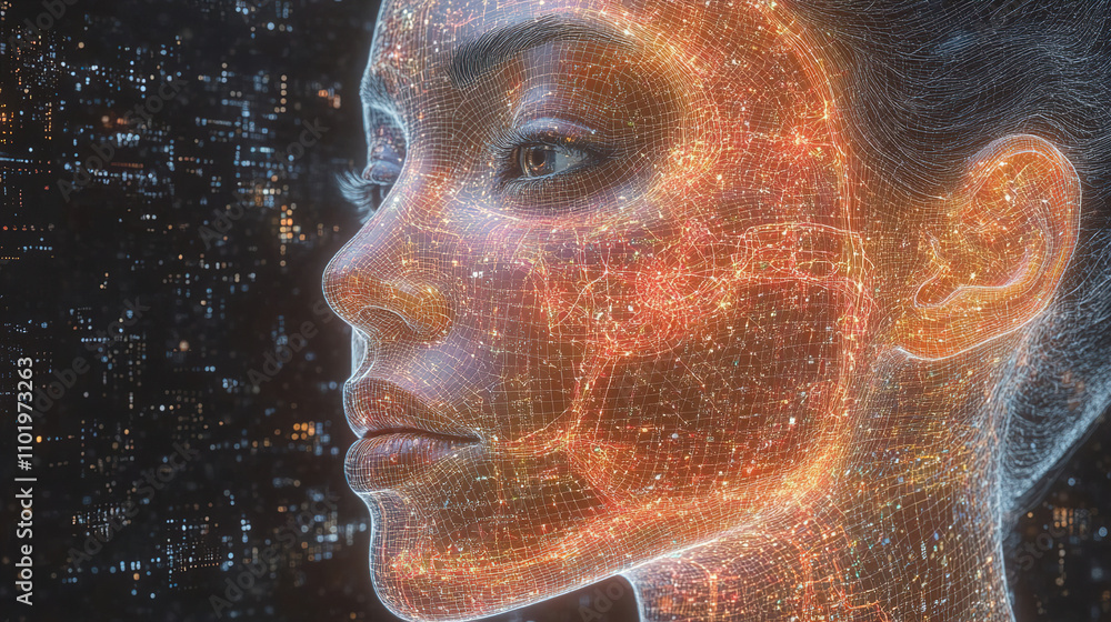 Poster digital representation of a woman's face surrounded by glowing data patterns at night. generative ai