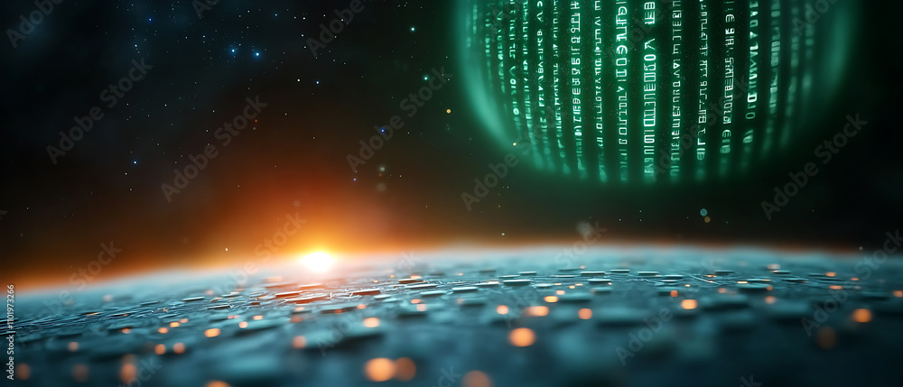 Poster digital quantum entanglement encryption technology cosmic landscape glowing data visualization futur