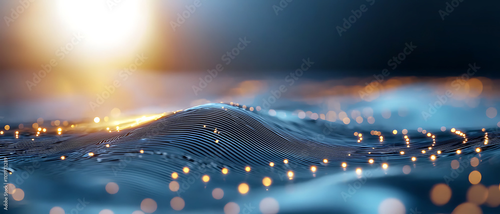 Poster exploring digital quantum entanglement encryption technology landscape abstract glowing waves aesthe